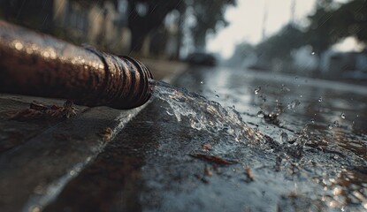 Fototapeta premium Water gushing from a rusty pipe on a wet city street