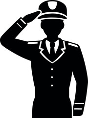 Vector art of a military officer silhouette delivers a crisp salute, embodying respect and honor in a symbol of service and duty isolated on white background