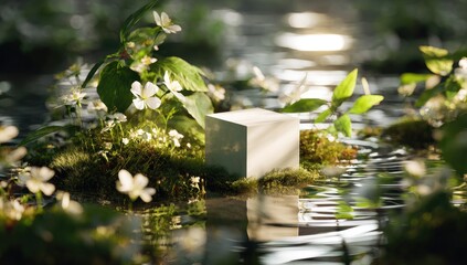 Pale cube on mossy isle, bathed in light