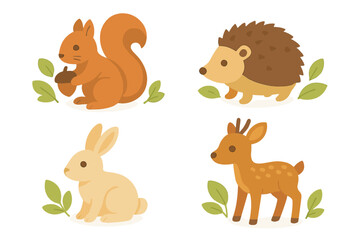 Cute woodland animal icon set. Collection of forest creatures: squirrel with acorn, hedgehog, rabbit, baby deer. Kawaii flat cartoon vector illustration for kids design.