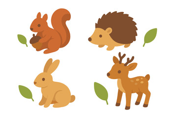 Naklejka premium Cute woodland animals icon set. Adorable forest creatures collection with squirrel, hedgehog, rabbit, deer. Flat cartoon vector illustration isolated for kids design.