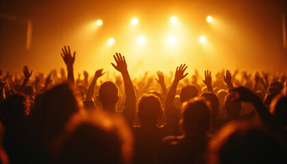 Fototapeta premium Crowd silhouettes at a concert, hands raised under vibrant lights. 