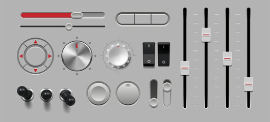3d button. Control slider knob. Sound switch panel or metal radio dial. Stereo equipment. Music level tuner. Recorder equalizer. Multimedia regulator. Vector realistic console sliders set