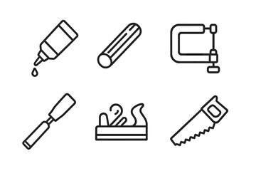 Woodworking tools icon set. Carpentry line icons collection. Saw, chisel, clamp, hand plane, wood glue and dowel. Vector illustration for workshop, DIY projects.