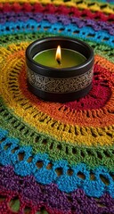 Rainbow crocheted doily with a green candle
