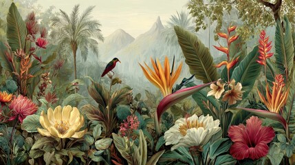 Obraz premium Lush tropical landscape, vibrant flowers and birds