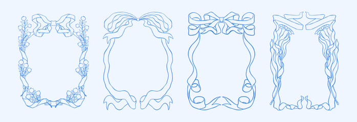 Bow frame. Line ribbon border with flowers and leaves, hand drawn vintage valentine or birthday coquette decorative elements. Cute elegant love. Wedding cards design. Vector aesthetic set