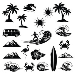 Obraz premium Palm trees waves sun surfer van mountains hibiscus crab surfboard