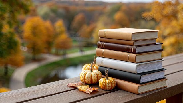 Cozy autumn setting with stacked books and decorative pumpkins by a serene riverbank surrounded by colorful foliage