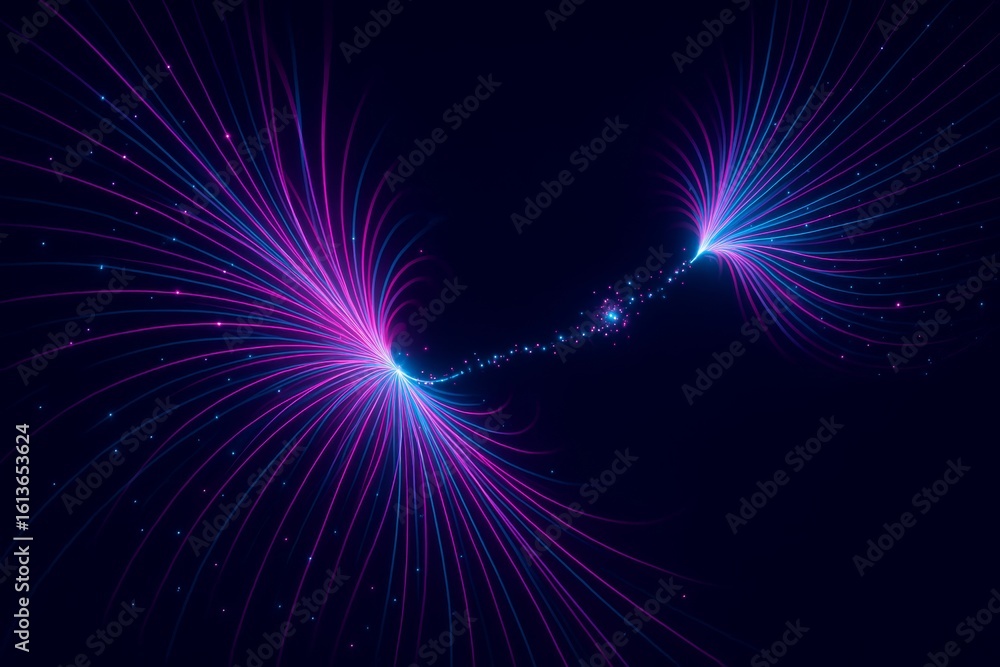 Aufkleber vibrant glowing particles connecting geometric shapes through flowing abstract lines, representing d