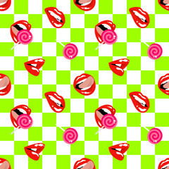 Beautiful sexy red female lips with pink lollipop on green and white cell background. Seamless pattern, print, vector illustration