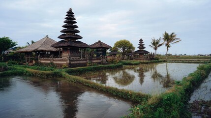 Balinese temples reflect in rice paddies