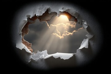 Sunlight streaming through torn wall opening with clouds and dramatic sky