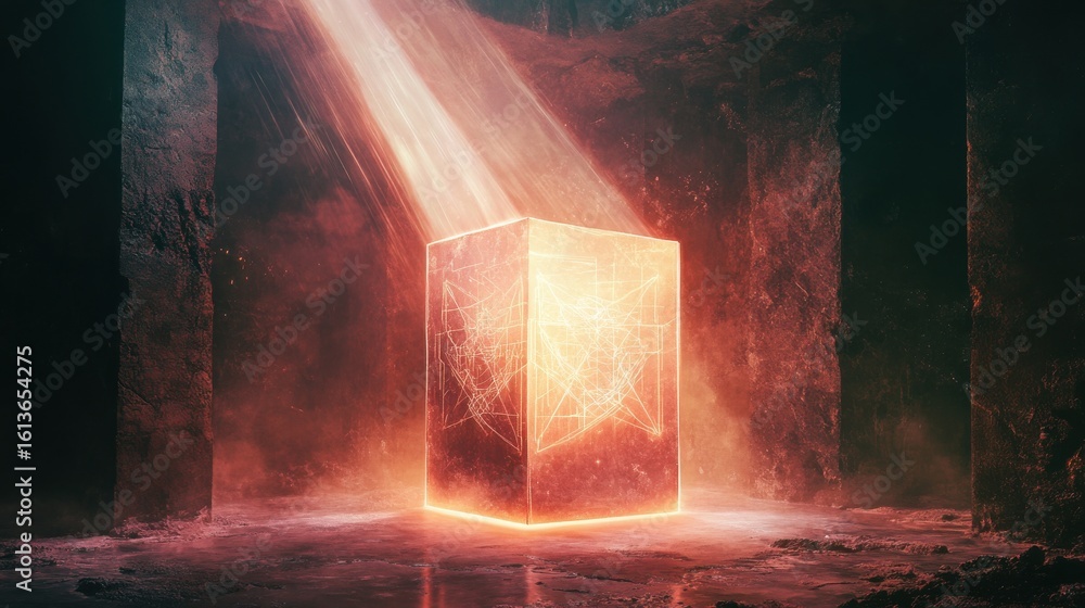 Poster glowing red cube with light patterns in dark mysterious setting