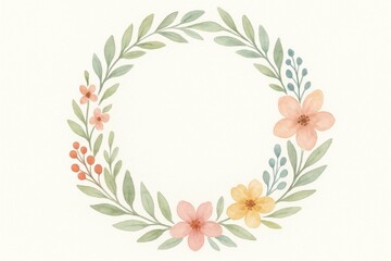 Delicate watercolor flowers and leaves form a circular frame, providing a blank space perfect for text or design elements, evoking a sense of natural elegance and gentle beauty