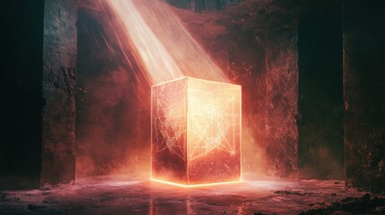 Glowing red cube with light patterns in dark mysterious setting