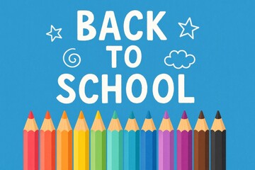Vibrant blue school banner displaying colorful pencil array, featuring whimsical doodles and energizing design for learning excitement
