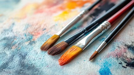 Fototapeta premium Four colorful paintbrushes lying on painted surface in studio