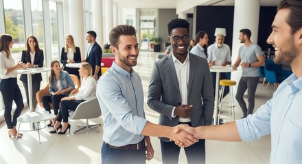 Diverse professionals networking in modern office lobby