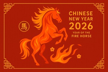 Fiery horse rearing against vibrant red backdrop, embodying 2026 chinese new year spirit. Traditional horse character, ornate border highlighting zodiac symbolism