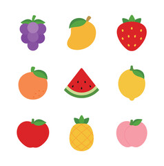 A set of various fruit illustration icons. Including photo, mango, strawberry, orange, watermelon, lemon, apple, pineapple, peach, etc.
