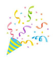 Obraz premium Celebrate in style with this vibrant burst of colorful confetti and streamers from a festive party popper. Party supplies for events, birthdays, celebrations, functions, parties, and anniversaries.