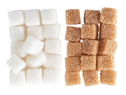Two types of sugar cubes arranged on a white background isolated on white background