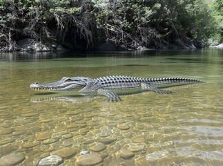 Alligator floating in clear water river