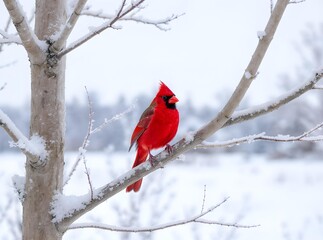 Red Cardinal Perched on Snowy Branch in Winter Landscape