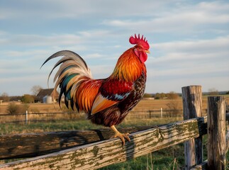 Majestic Rooster Perched on a Wooden Fence in the Countryside