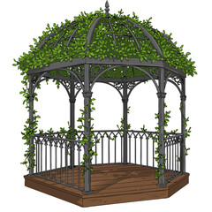Metal Garden Gazebo with Wooden Base Covered in Green Vines on Transparent Background
