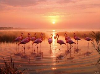 Flamingos at Sunset A Serene Marsh Scene