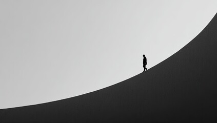 Silhouette figure ascends a curved slope