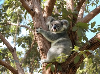 Koala climbing eucalyptus tree