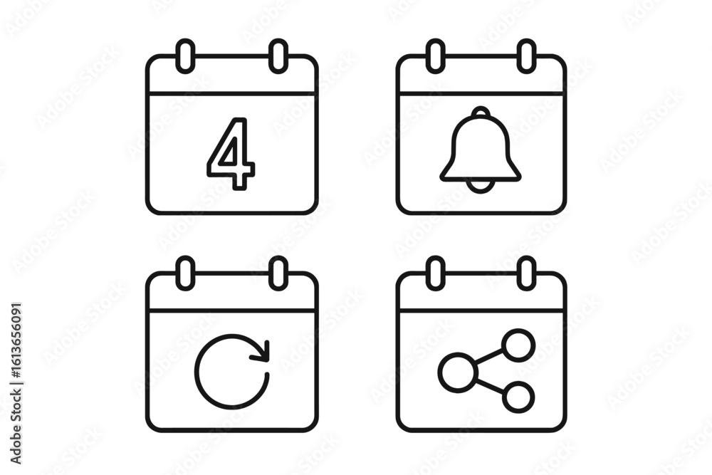 Poster calendar app icon set. outline icons for a planner application featuring date, reminder bell, recurr