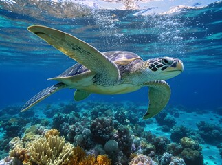 Sea Turtle Swimming Above Coral Reef