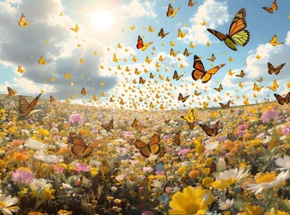 Butterflies Fluttering Over a Meadow of Flowers Under a Sunny Sky