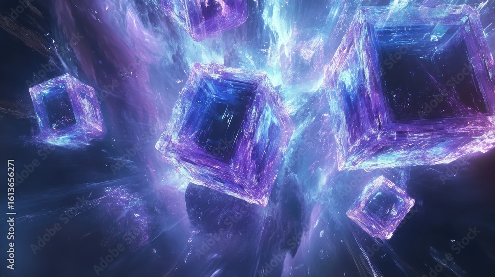 Poster glowing floating cubes in a dark abstract space environment