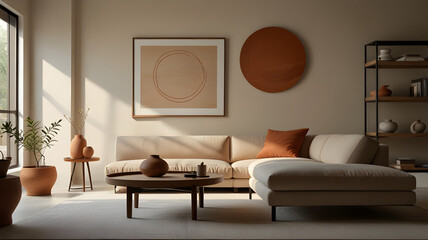 Modern living room interior design with comfortable sofa, stylish furniture, and contemporary home decor