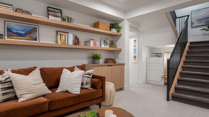 Stylish living room features warm tones, floating shelves, and open staircase detail perfectly