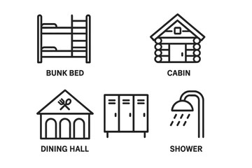 Camp facility icons. Summer camp accommodation vector symbol set. Bunk bed, log cabin, dining hall, locker room, shower. Outdoor recreation and travel outline signs.