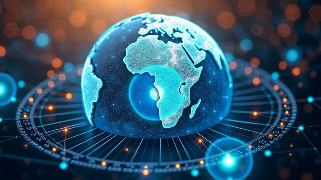 Digital rotating globe made of network connections and blue dots on dark futuristic background, ideal for global tech, networking, AI, and cybersecurity content, 4K, motion.