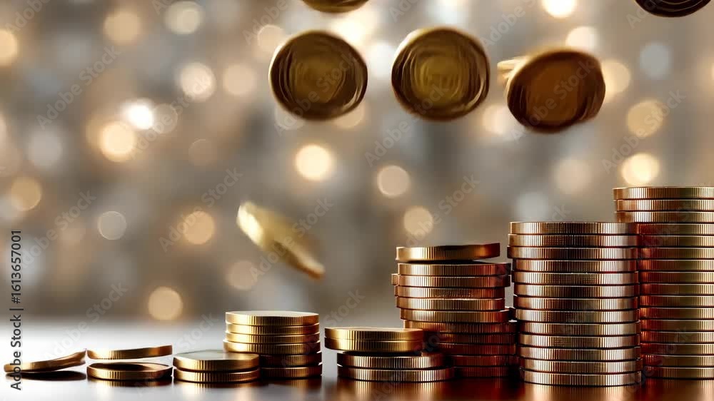 Poster coins falling and stacking in a mesmerizing display of movement and shine during a bright setting