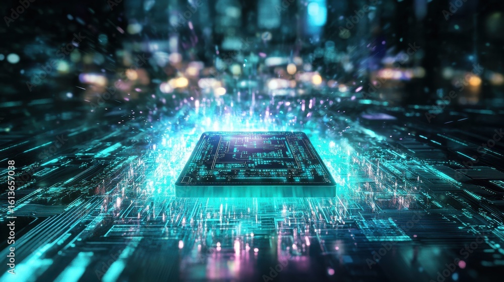 Poster glowing microchip in abstract technological environment at night