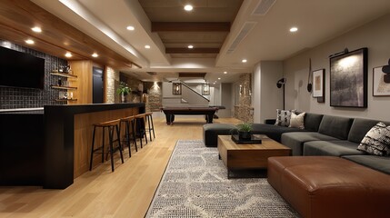 Sophisticated basement design featuring a stylish wet bar, pool table, and cozy seating