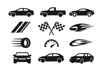 Car icons set. Truck silhouettes, racing stripes, checkered flags, speed graphics, automotive design elements. Vector transport symbols, vehicle pictograms for auto sport.