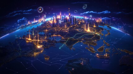 Futuristic night cityscape with globe and network connections