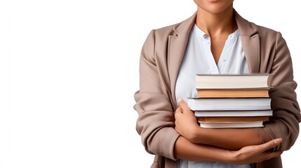  female librarian with stack of books isolated on white background