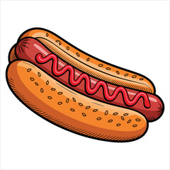 Hot dog in a bun with mustard or ketchup, classic American appetizer in outline art, perfect for street food designs and barbecue snack visuals