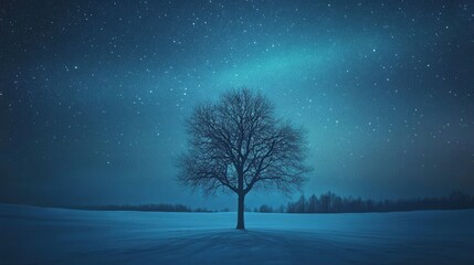 Deciduous tree under stars in snowy landscape at night